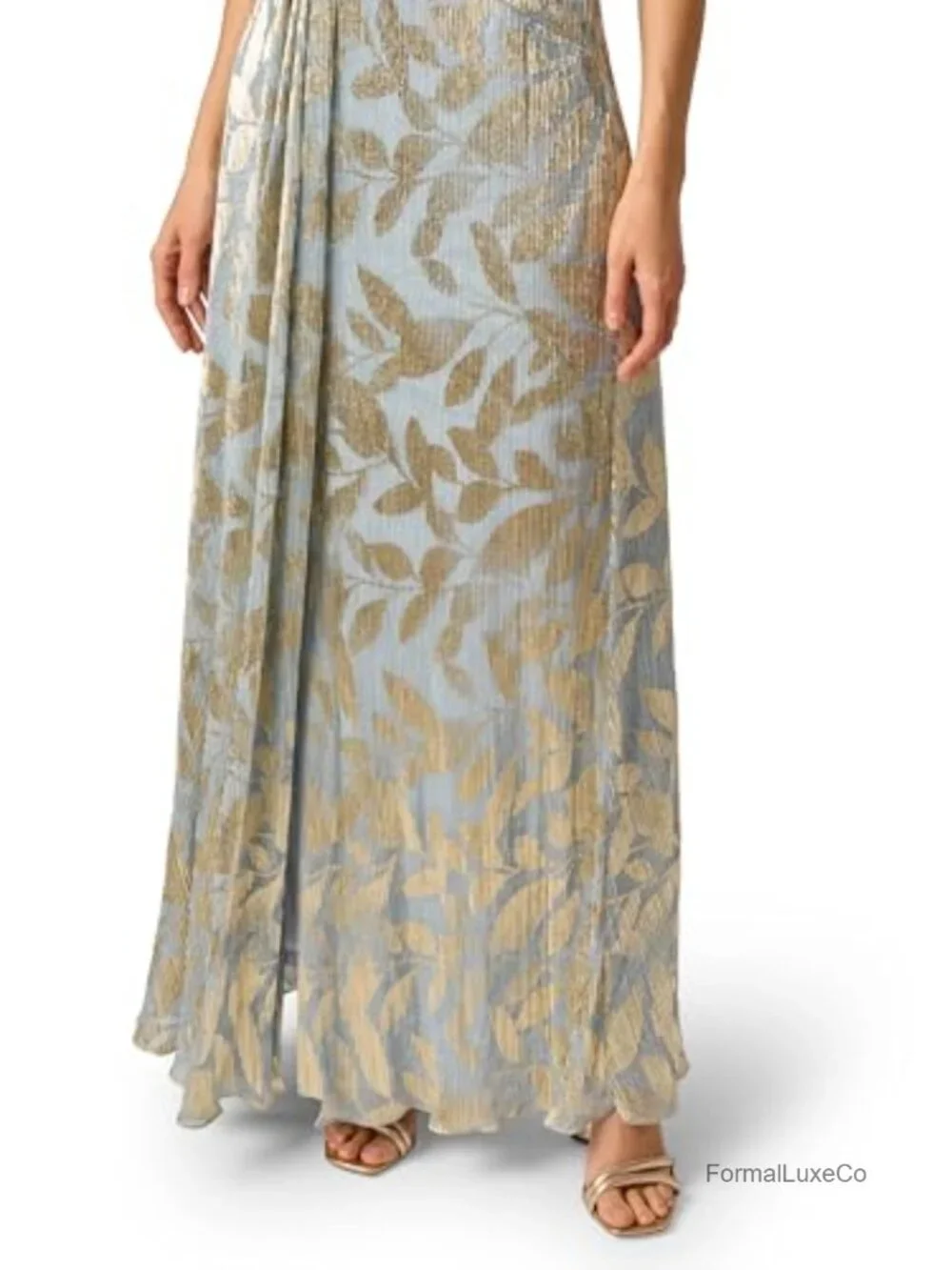 Foil Leaf Draped Gown Maxi Formal Dress Metallic Knit Surplice Neck Short
